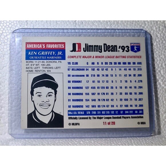 Ken Griffey Jr. 1993 Jimmy Dean MLB #11 Baseball Card Seattle Mariners - Picture 2 of 2